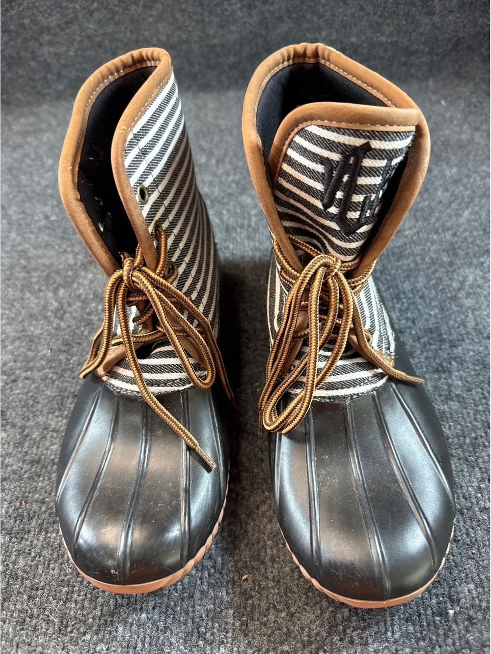 Marley Lilly Women Size 7 Black White Striped Duck Boots Brown Lace Up Monogram